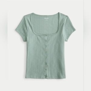 Hollister Short Sleeve Button-Through Pointelle Sage Top Size XXL NWT